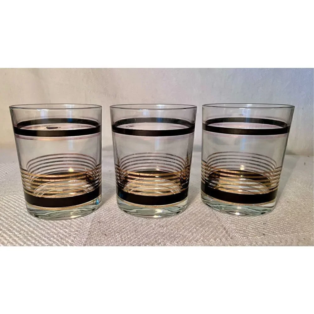 VTG SET 3 MCM Black & Gold Stripe STRIPED Low Ball Rocks Bar Glasses Whiskey